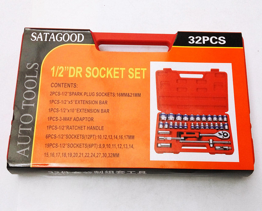 32-Piece 1/2" Drive Ratchet Socket Wrench Mechanics Tool Set