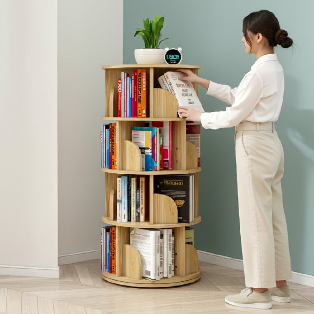 Sanctuary 360-degree Rotating 4 Tier Display Shelf Bookcase Organiser (Oak)