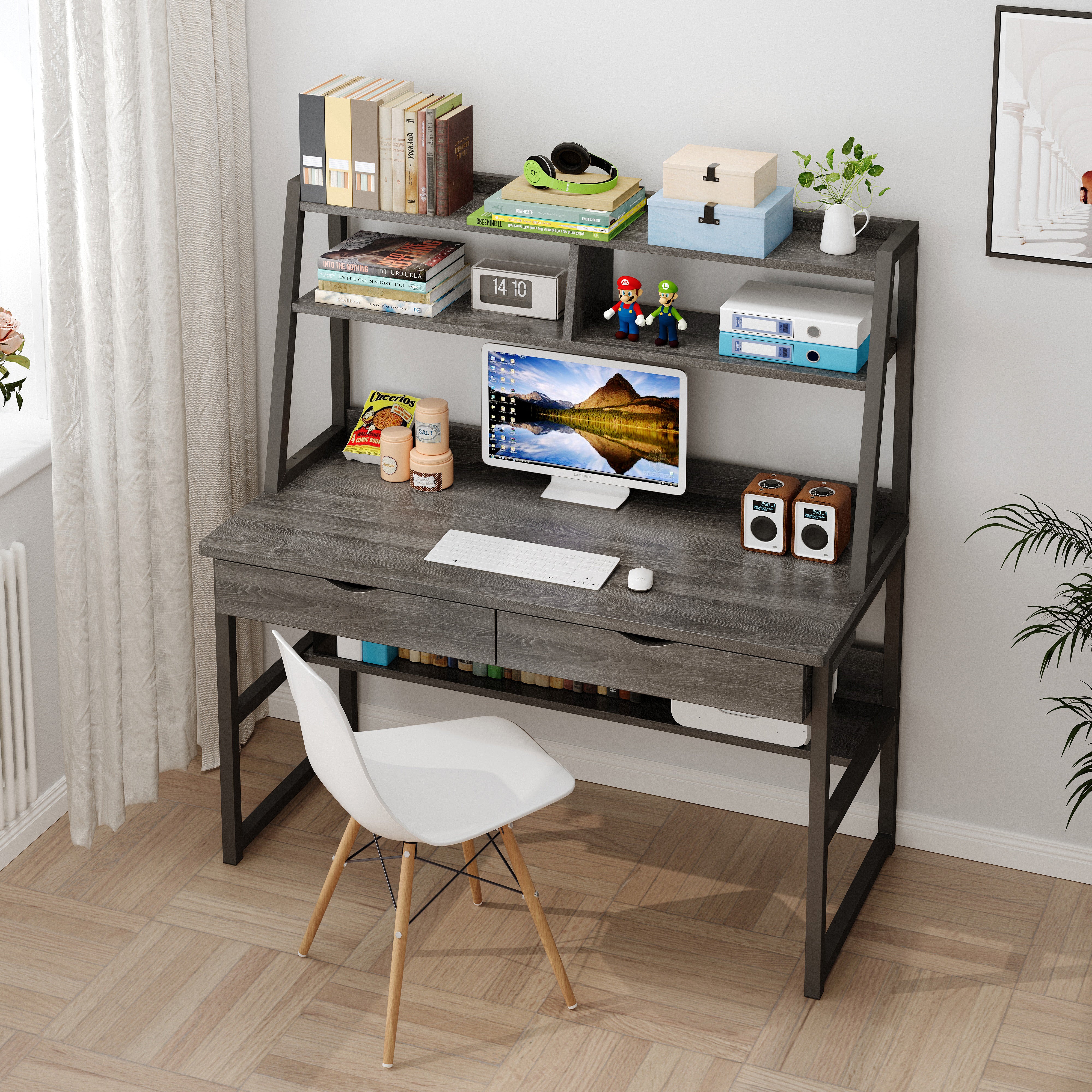 Enterprise Large Computer Desk Workstation with Shelves & Drawers (Driftwood Grey)