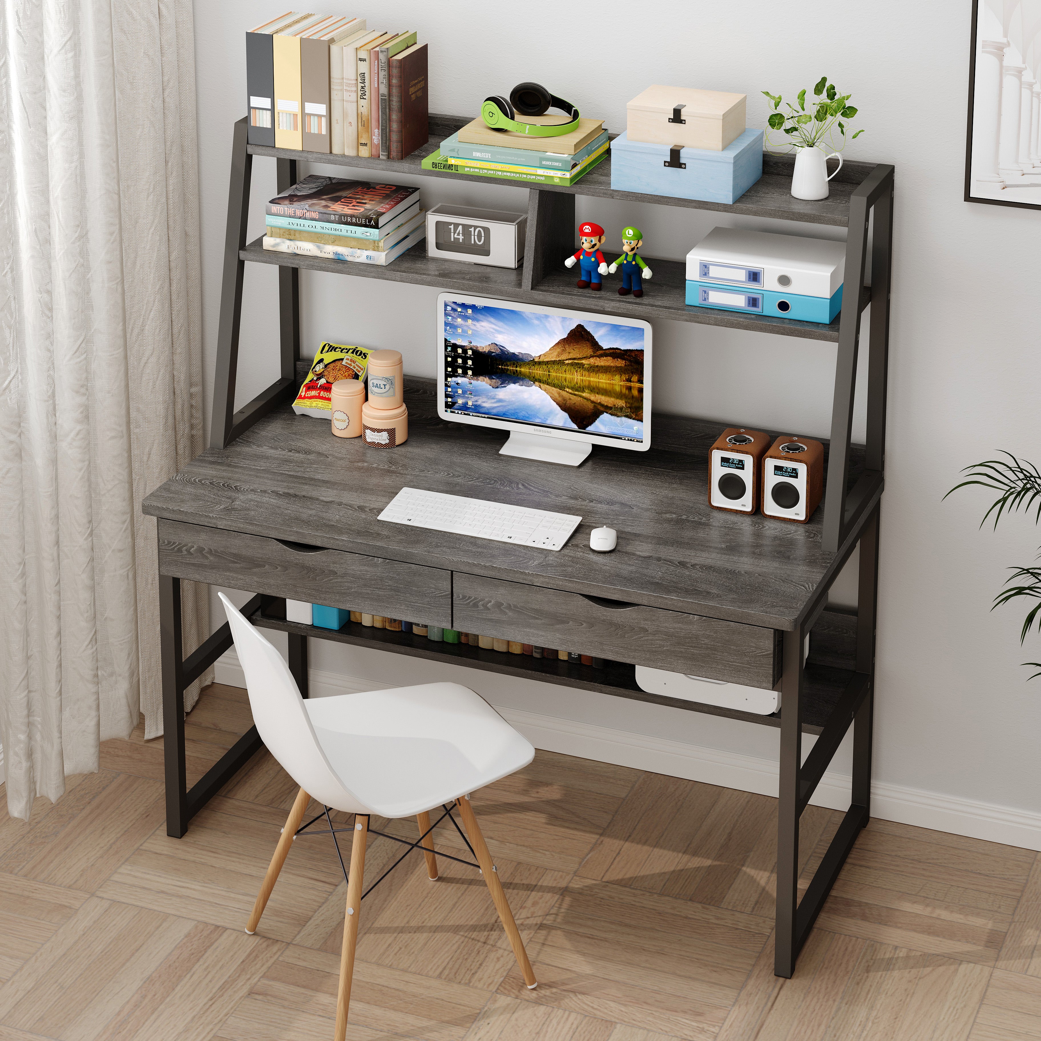 Enterprise Large Computer Desk Workstation with Shelves & Drawers (Driftwood Grey)