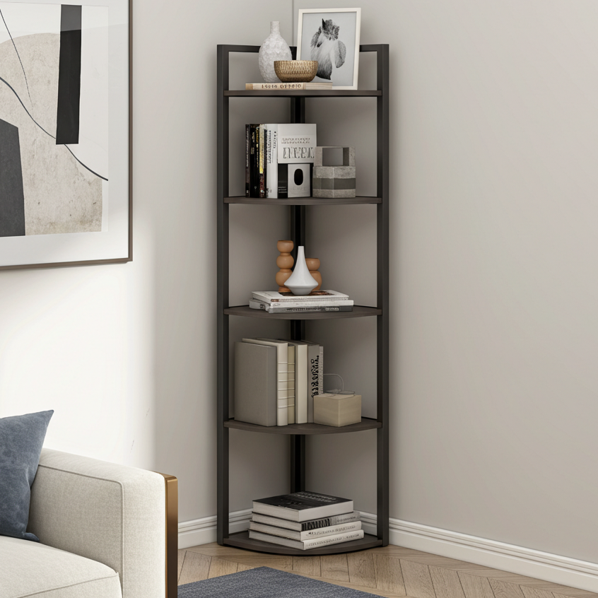 Optima 5 Tier Wood & Steel Corner Shelf Organizer Unit (Driftwood Grey)