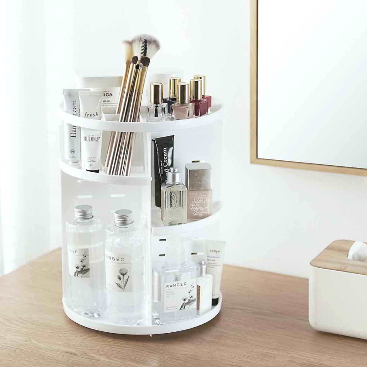360 Degree Rotating Jewellery Cosmetic Makeup Shelf Organizer (White) - grandhubs.shop