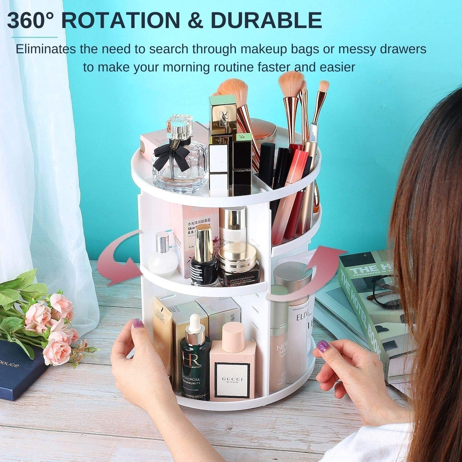 360 Degree Rotating Jewellery Cosmetic Makeup Shelf Organizer (White) - grandhubs.shop