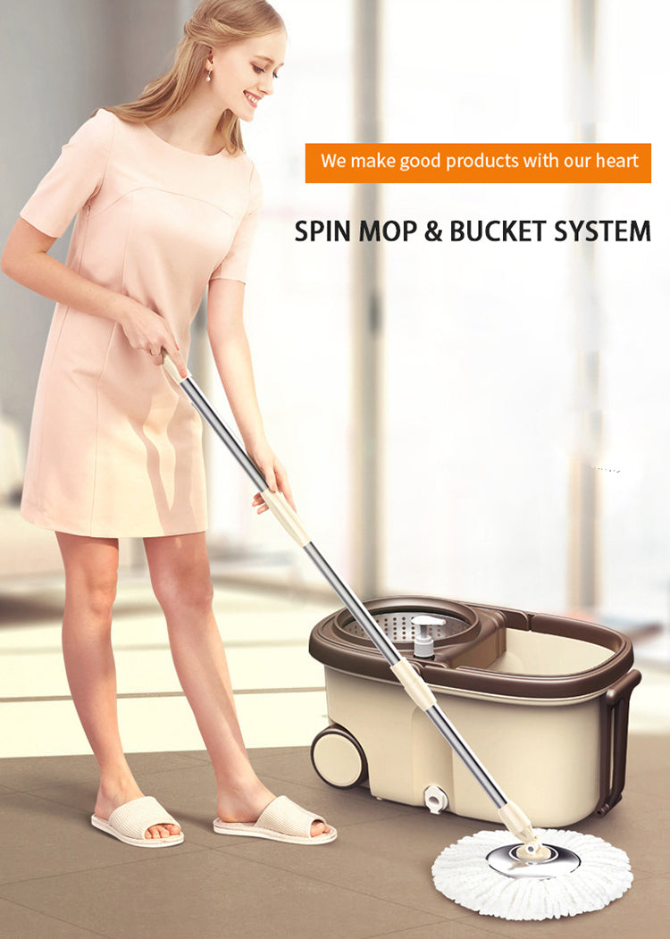 Advanced 360 Degree Spin Mop & Stainless Steel Bucket Kit with Wheels (Cookie & Cream) - grandhubs.shop