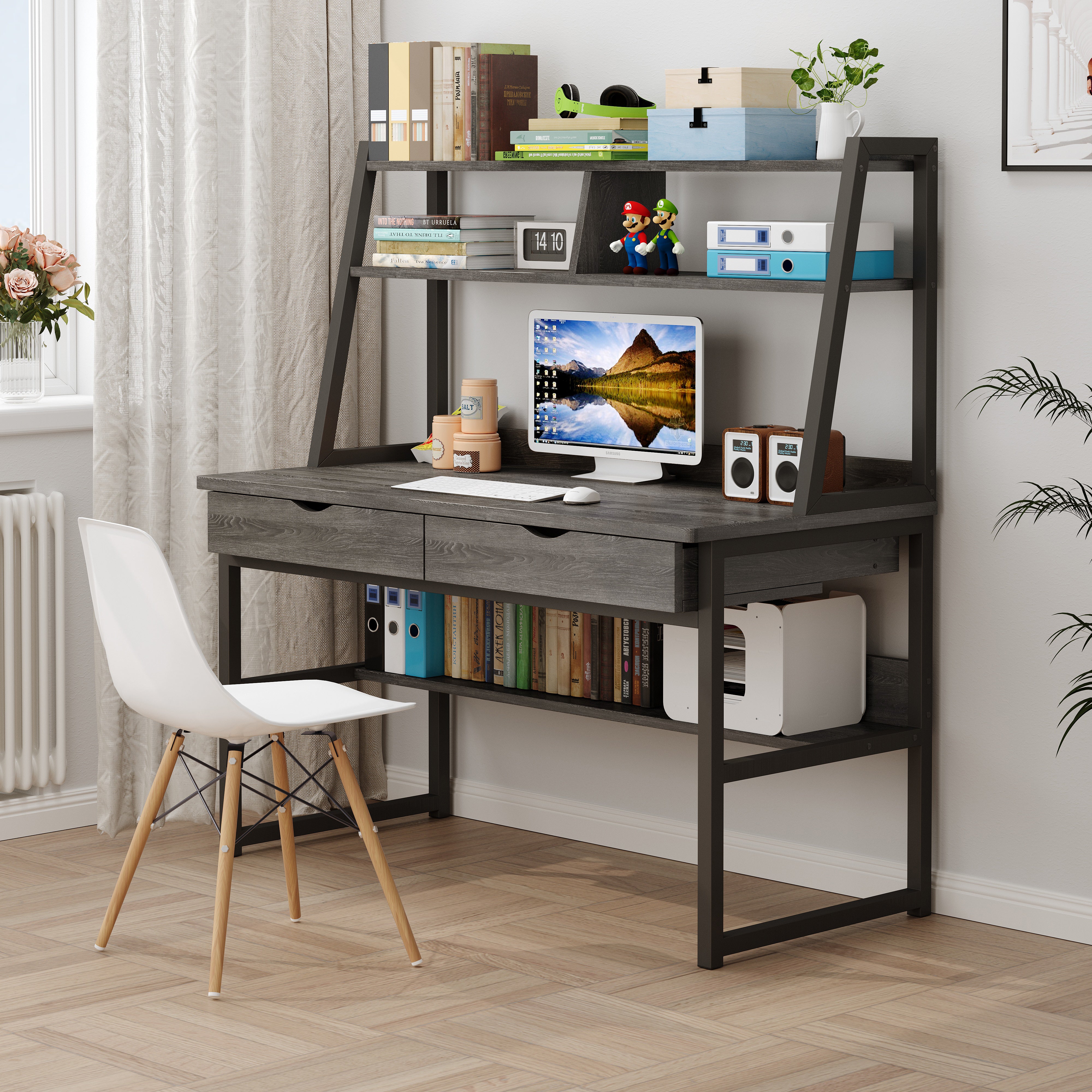 Enterprise Large Computer Desk Workstation with Shelves & Drawers (Driftwood Grey)