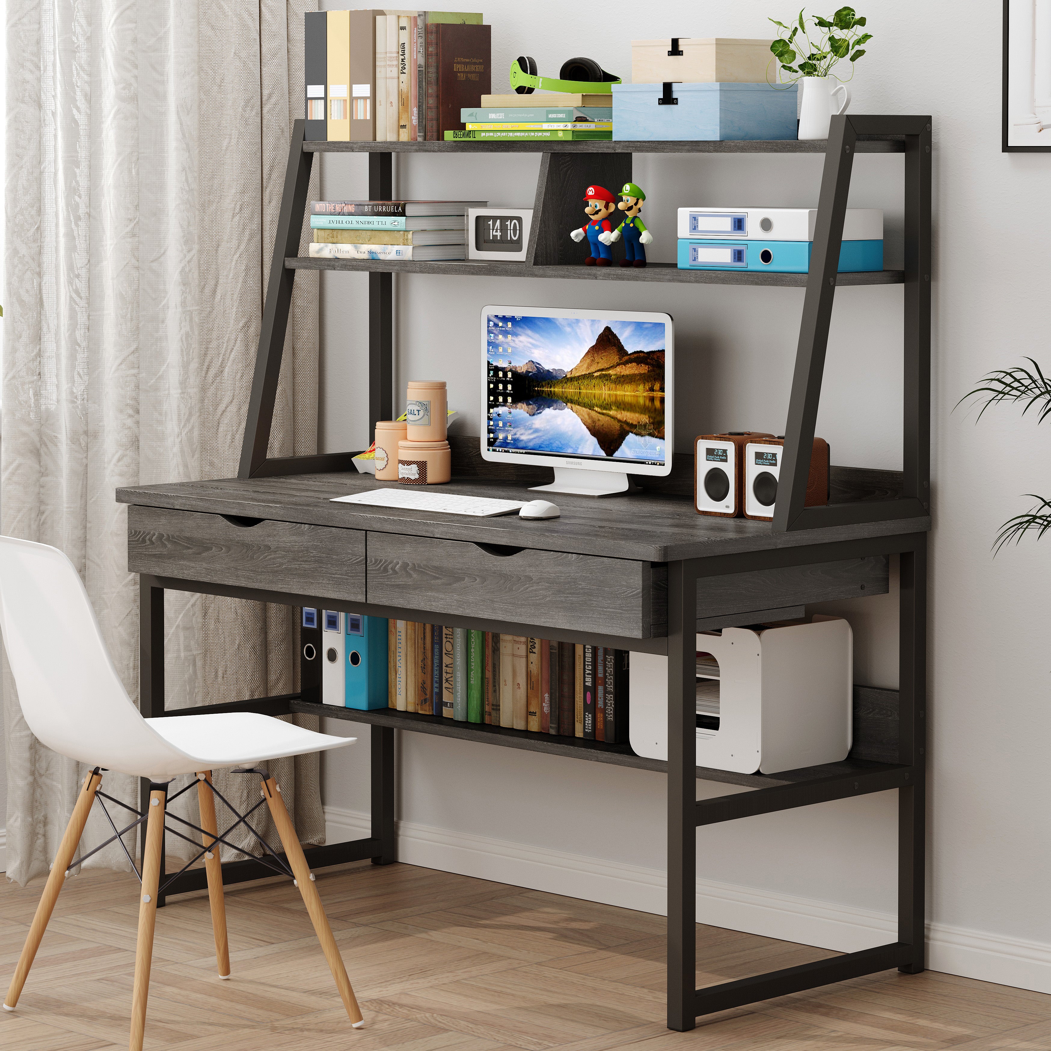 Enterprise Large Computer Desk Workstation with Shelves & Drawers (Driftwood Grey)