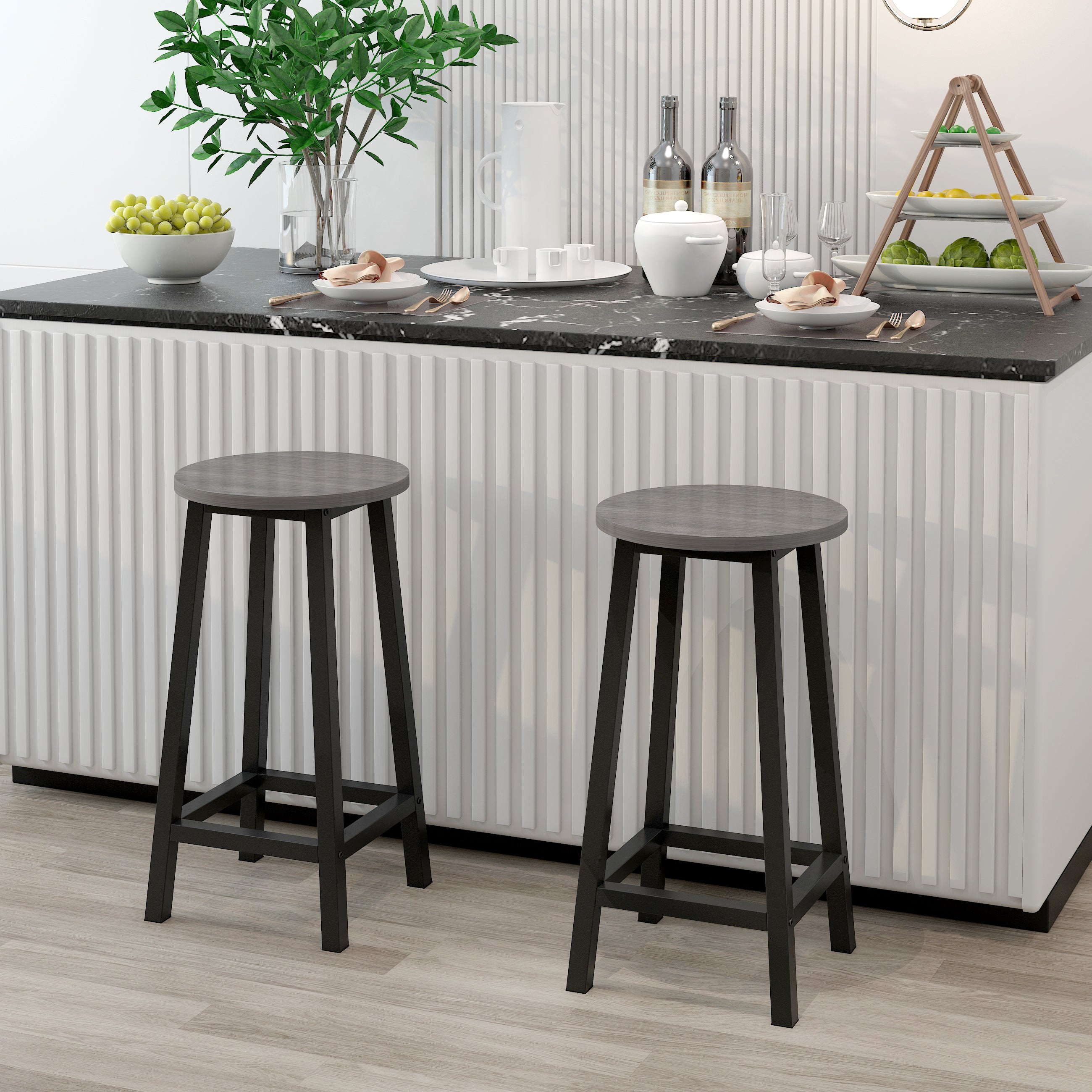 2 x Modern Industrial Bar Stool Wood & Metal Kitchen Counter Seating (Driftwood Grey)