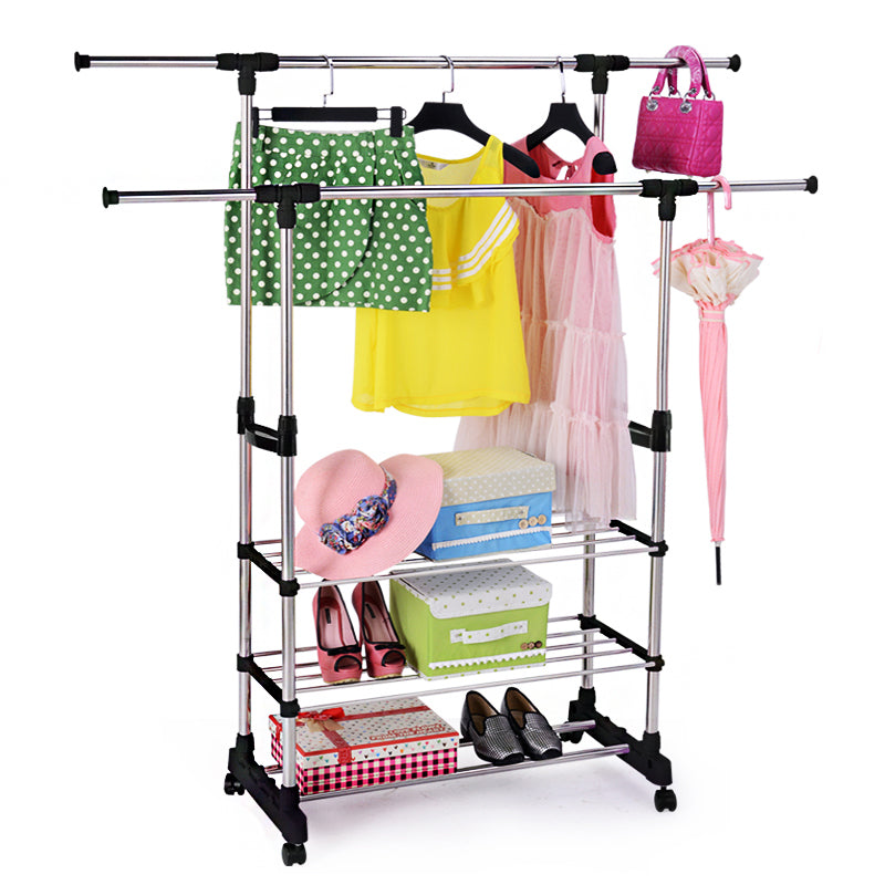 Double 3-Tier Portable Stainless Steel Clothes Shoes Organiser Hanger Rack Garment Dryer - grandhubs.shop