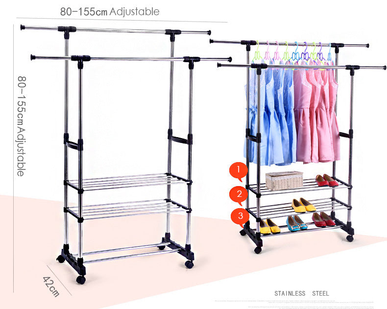 Double 3-Tier Portable Stainless Steel Clothes Shoes Organiser Hanger Rack Garment Dryer - grandhubs.shop