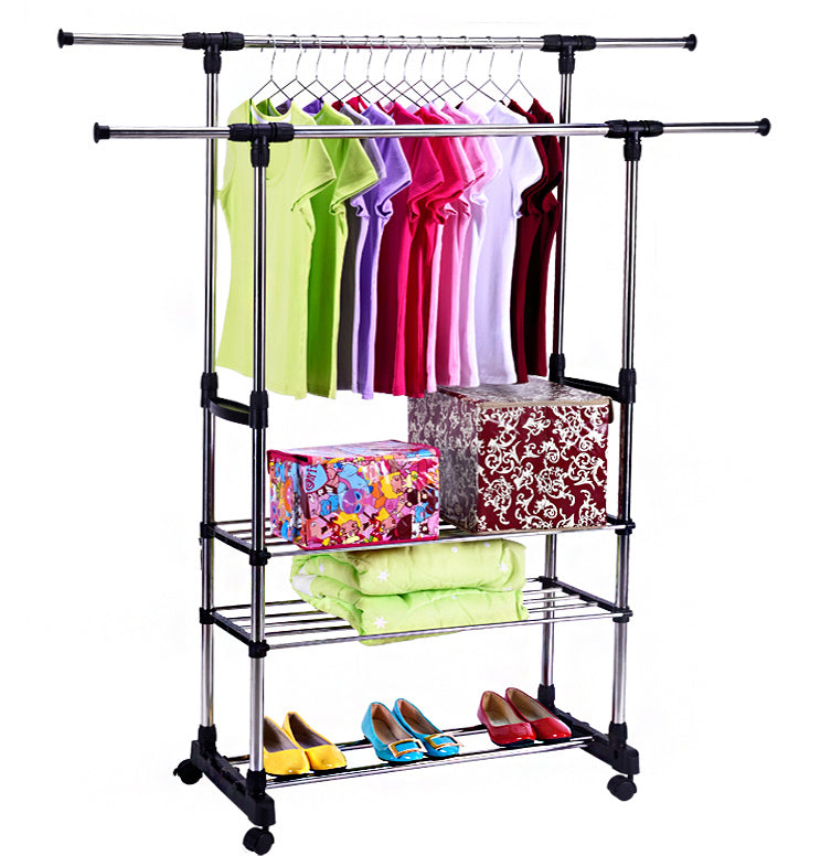 Double 3-Tier Portable Stainless Steel Clothes Shoes Organiser Hanger Rack Garment Dryer - grandhubs.shop