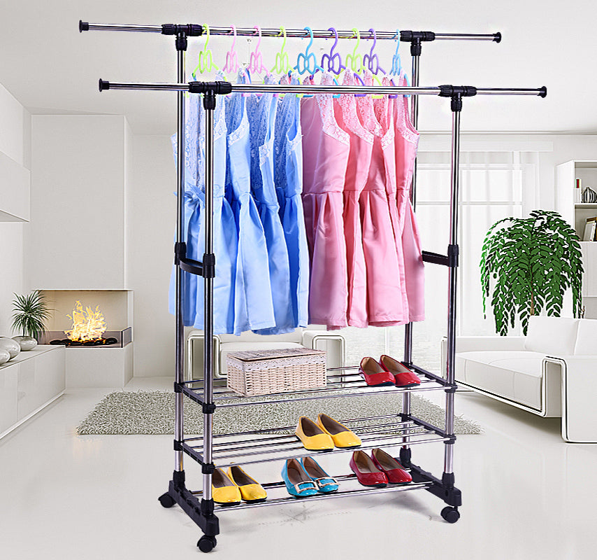 Double 3-Tier Portable Stainless Steel Clothes Shoes Organiser Hanger Rack Garment Dryer - grandhubs.shop