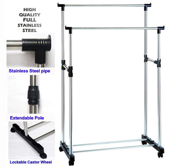 Double 3-Tier Portable Stainless Steel Clothes Shoes Organiser Hanger Rack Garment Dryer - grandhubs.shop