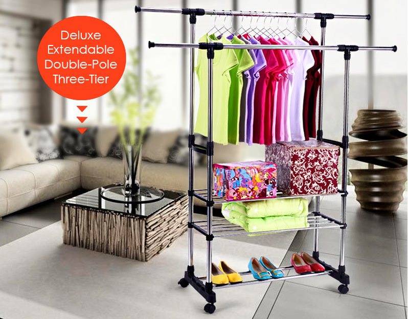 Double 3-Tier Portable Stainless Steel Clothes Shoes Organiser Hanger Rack Garment Dryer - grandhubs.shop
