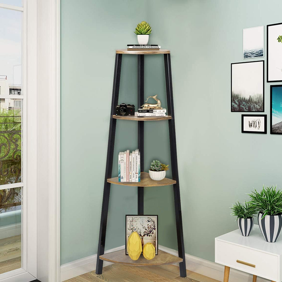 4-Tier Corner Ladder Shelf Unit Rustic Oak Wood & Steel Display Stand Storage Rack