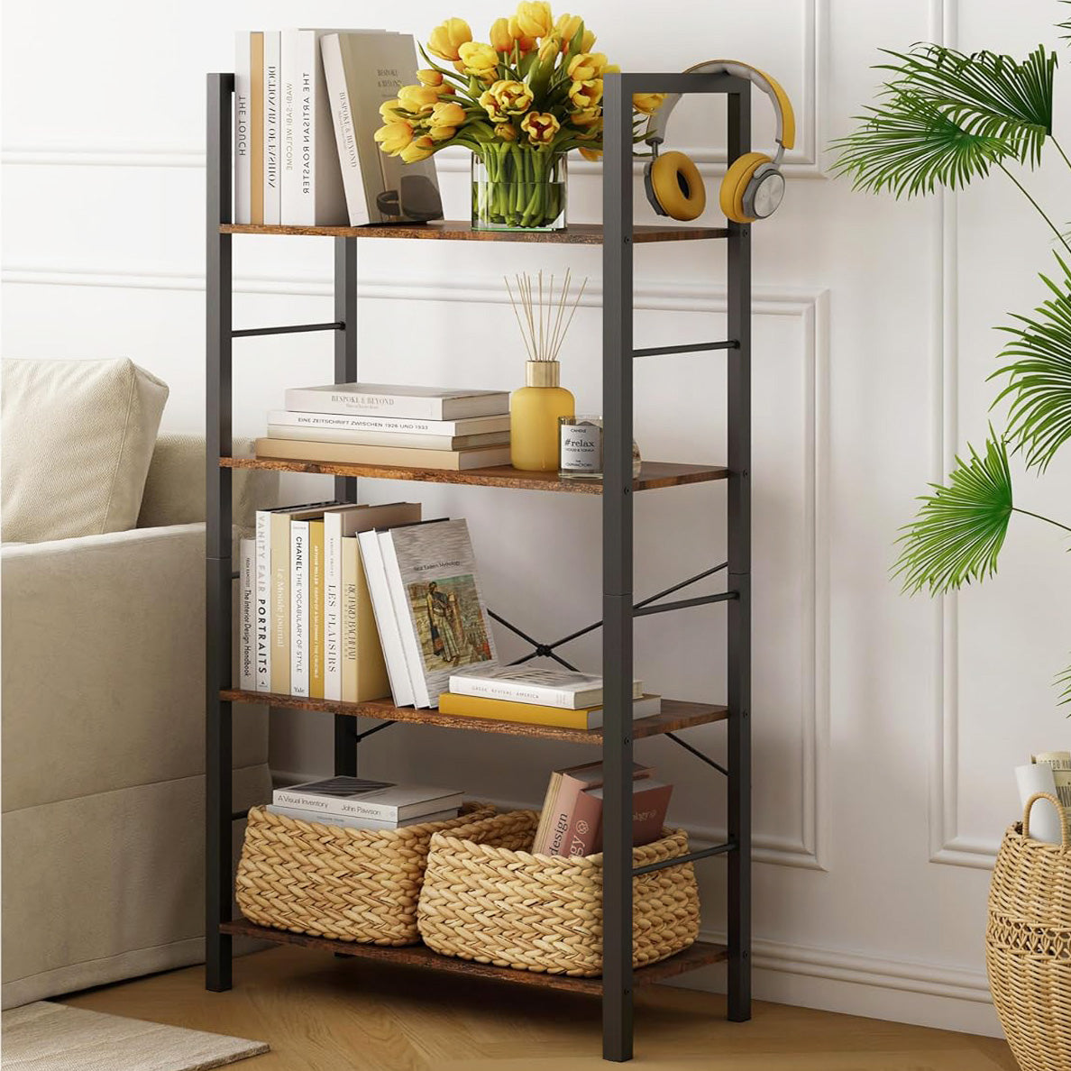 Multifunction Bookcase 4 Tier Rustic Wood & Steel Storage Shelf Organizer