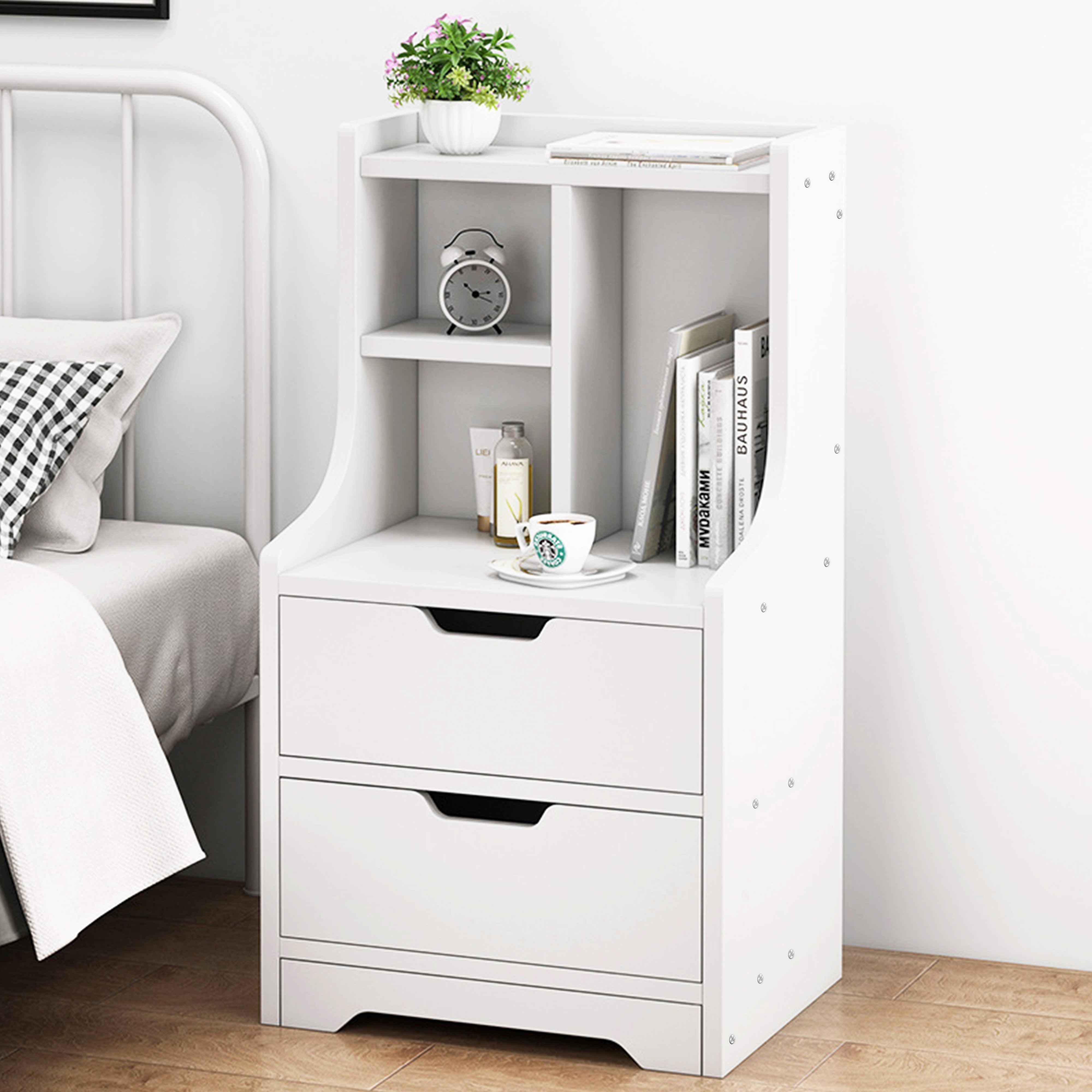 Twilight 2-Drawer Tall Bedside Table with Chest of Drawers and Shelves (White)