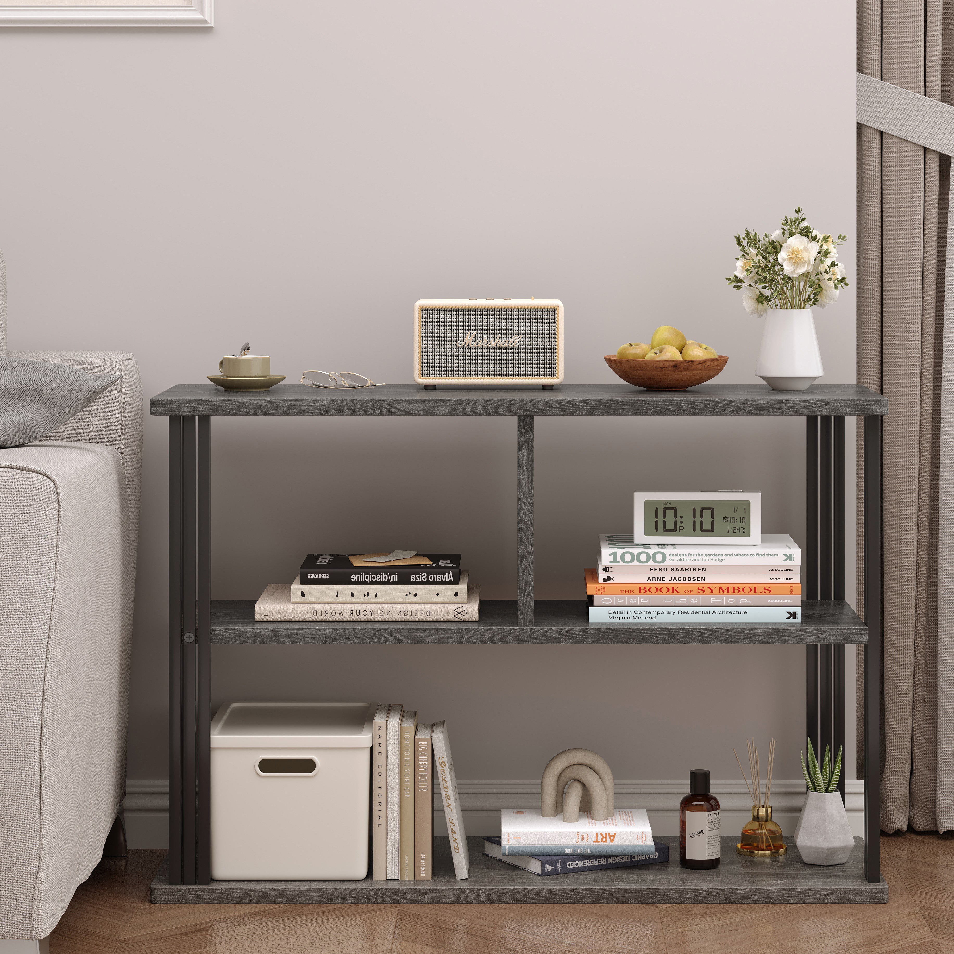 Icon Wood and Steel Sofa Side Table with Shelves (Driftwood Grey)