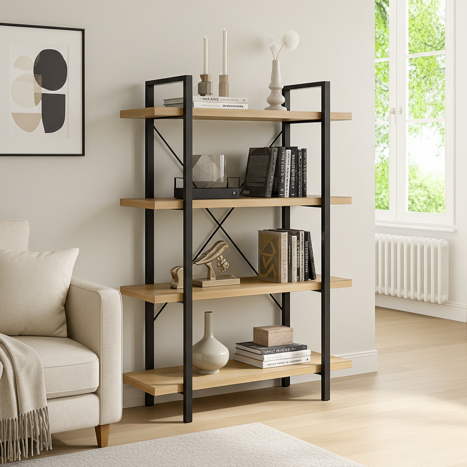 Envision Rustic Oak 4-Tier Bookcase Storage Shelf Organizer