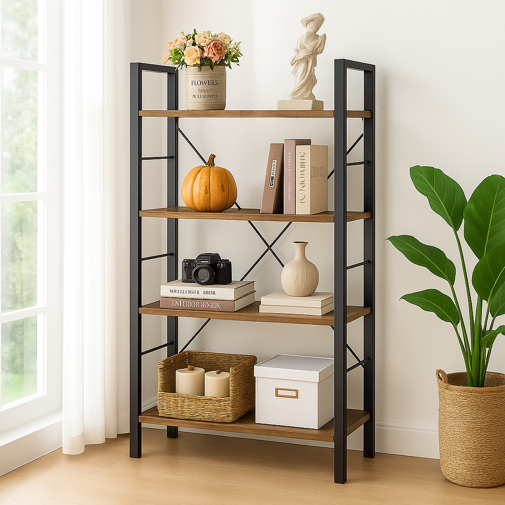Multifunction Bookcase 4 Tier Rustic Wood & Steel Storage Shelf Organizer