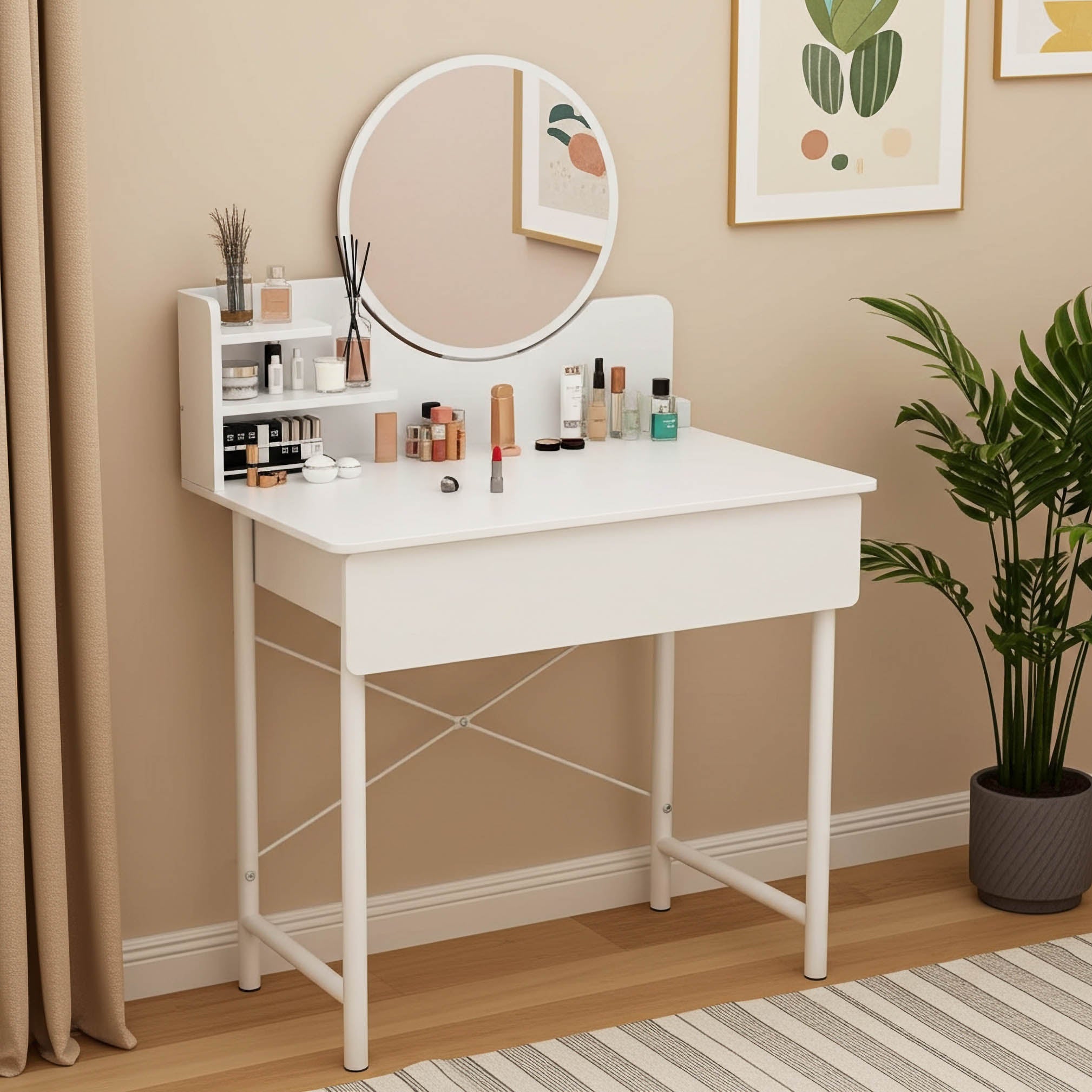 Luxe Dresser Makeup Vanity Dressing Table with Round Mirror Drawer White
