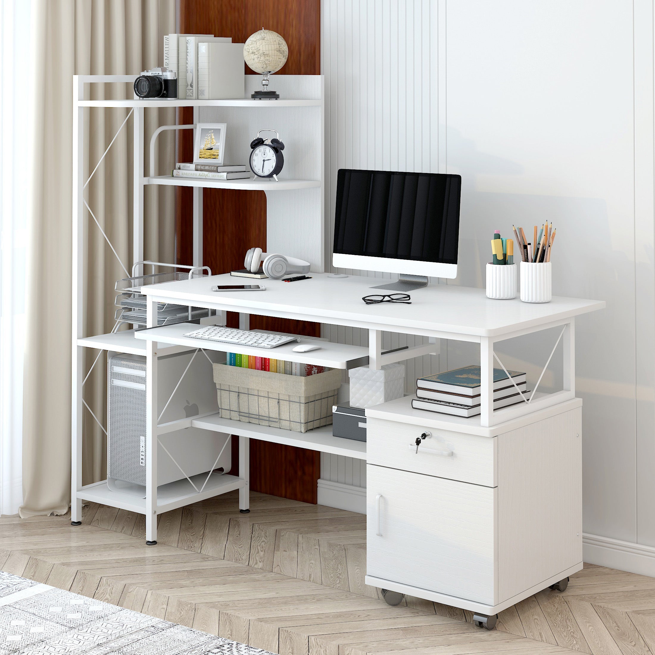 Prime Multi-function Computer Desk Workstation with Shelves & Cabinet (White)