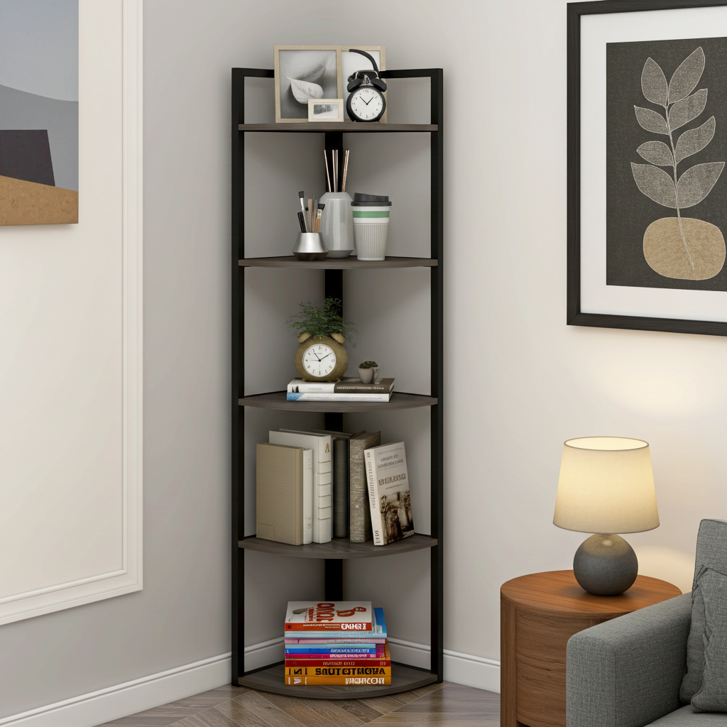 Optima 5 Tier Wood & Steel Corner Shelf Organizer Unit (Driftwood Grey)