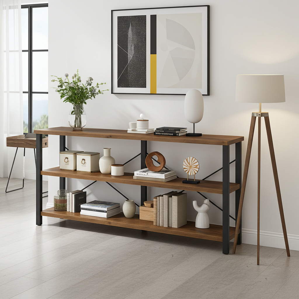 Serenity Rustic Industrial Console Table Bookcase TV Stand Storage Shelf Unit