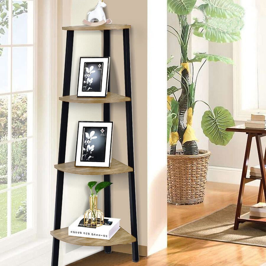 4-Tier Corner Ladder Shelf Unit Rustic Oak Wood & Steel Display Stand Storage Rack