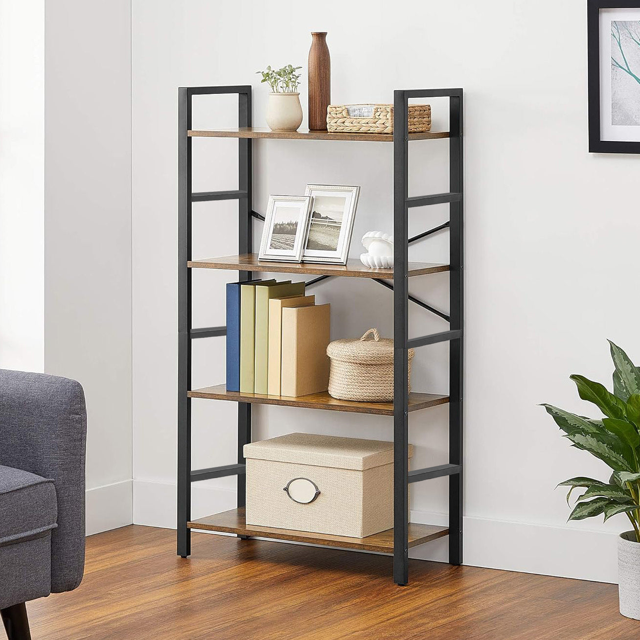 Multifunction Bookcase 4 Tier Rustic Wood & Steel Storage Shelf Organizer