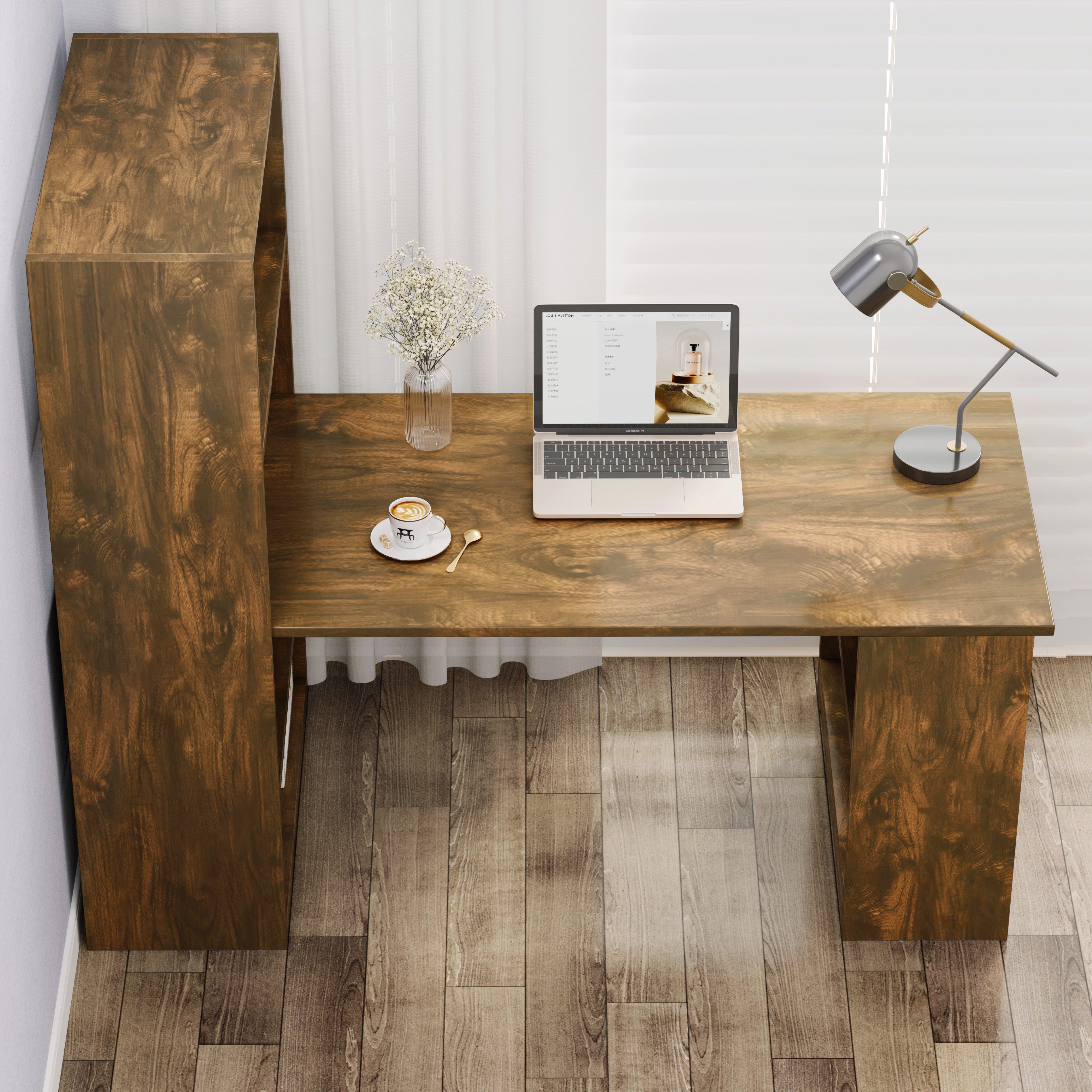 Varossa's Organizer Combination Workstation Computer Desk with 6 Storage Shelves (Rustic Wood)