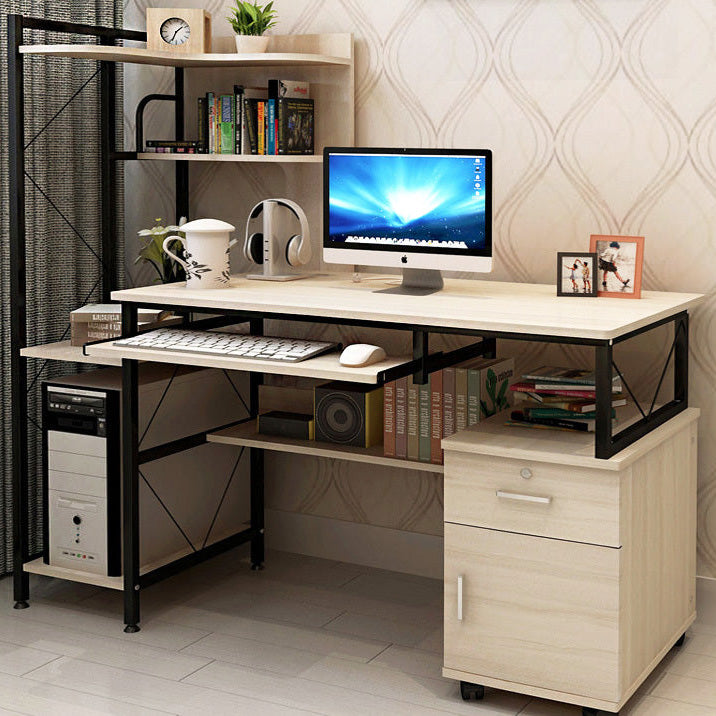 Prime Multi-function Computer Desk Workstation with Shelves & Cabinet (White Oak)