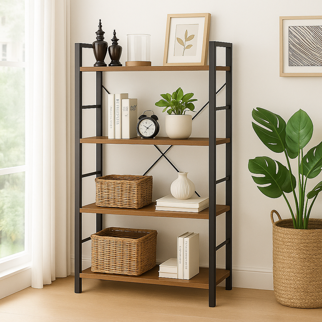 Multifunction Bookcase 4 Tier Rustic Wood & Steel Storage Shelf Organizer