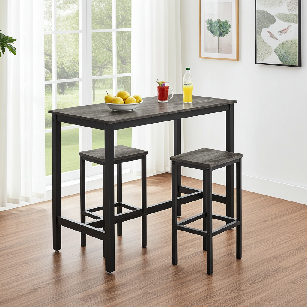 3 Piece Grandeur Premium Rustic Wood & Steel Bar Table and Stools Dinning Set (Driftwood Grey)