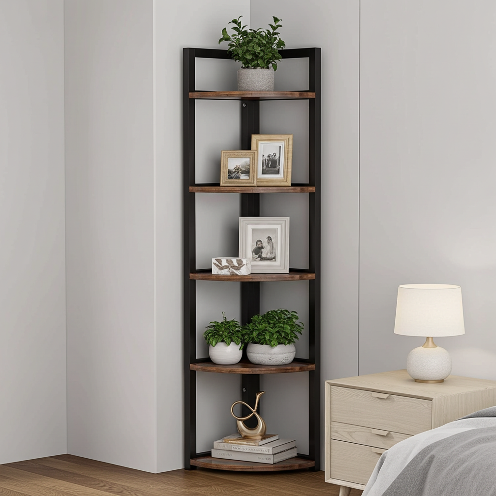 Optima  5 Tier Rustic Wood & Steel Corner Shelf Organizer Unit