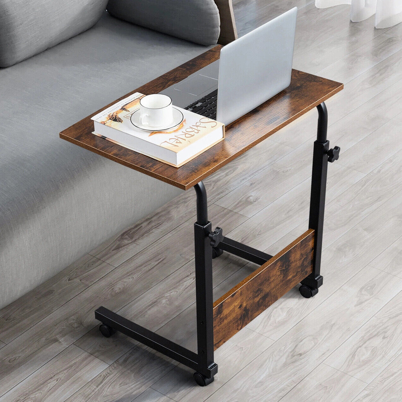 Impact Adjustable Portable Sofa Bed Side Table Laptop Desk with Wheels (Rustic Wood)