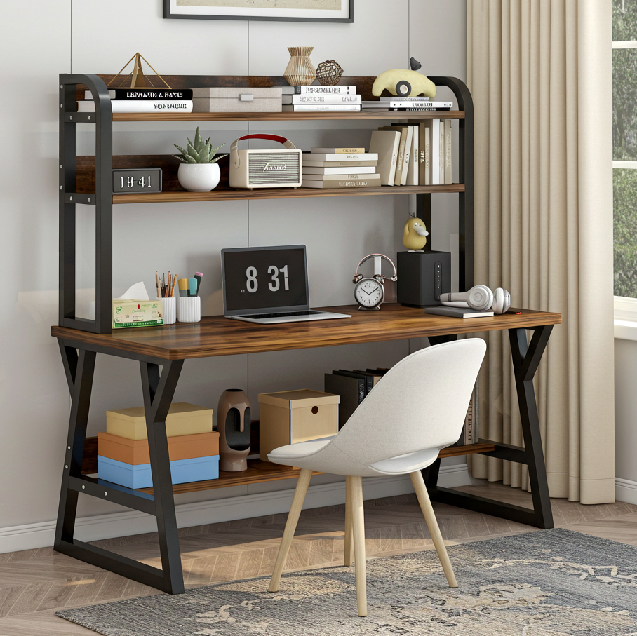 Aspire Large Industrial Office Computer Desk Workstation with Bookshelf (Rustic Wood)