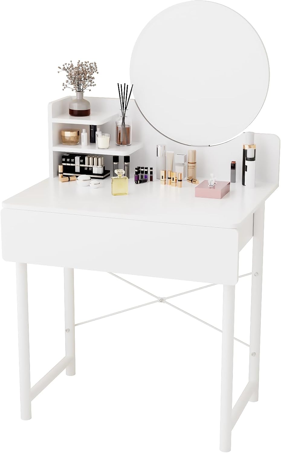 Luxe Dresser Makeup Vanity Dressing Table with Round Mirror Drawer White