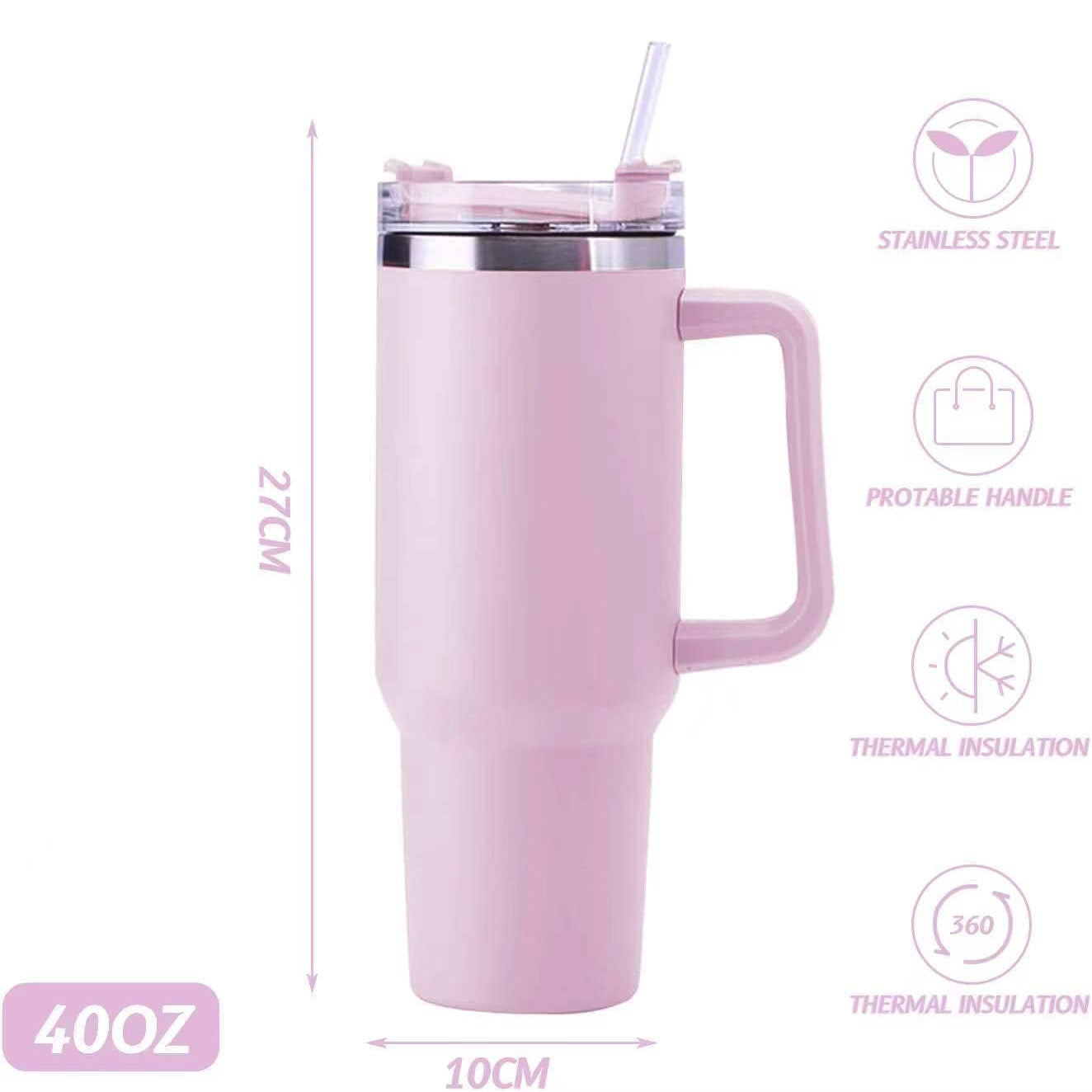 40oz Stainless Steel Insulated Tumbler with Handle Straw Travel Mug (Pink)