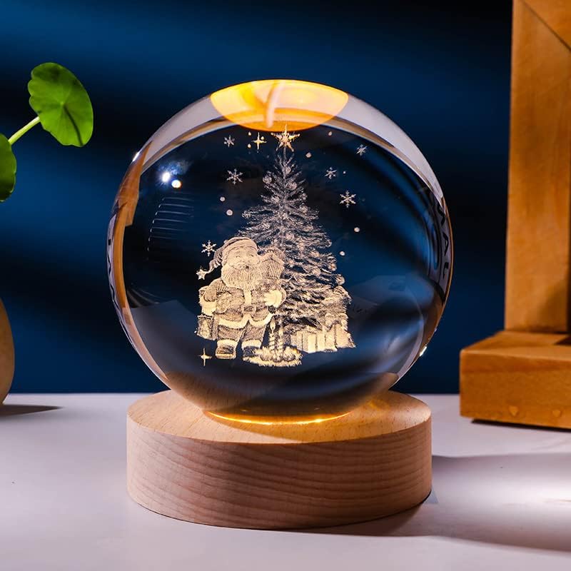 3D Santa & Christmas Tree Crystal Ball Night Light LED Lamp Globe Glass Ornament