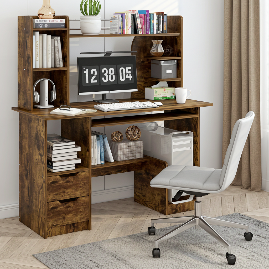 Expert Computer Desk Workstation with Shelf & Cabinet (Rustic Wood)