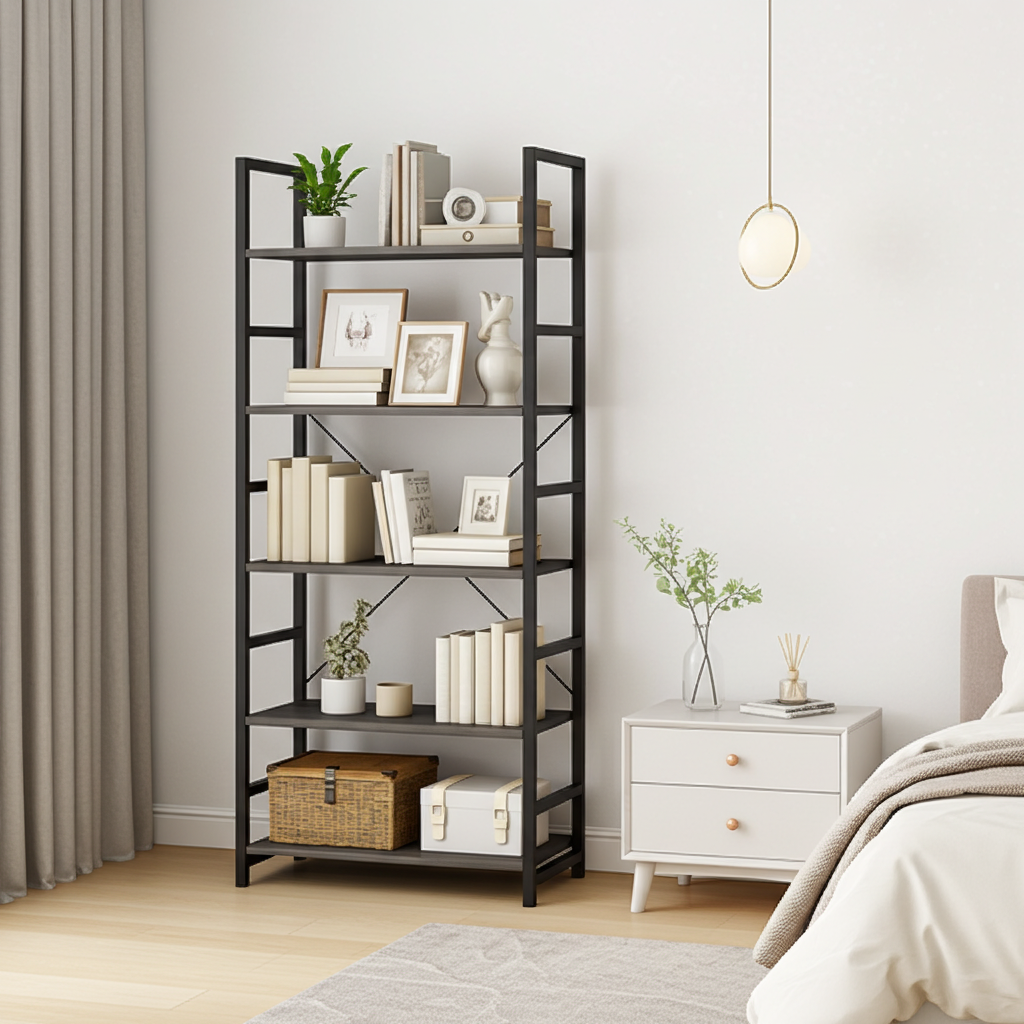 5 Tier Multifunction Heavy Duty Bookcase Wood & Steel Storage Shelf Organizer (Driftwood Grey)