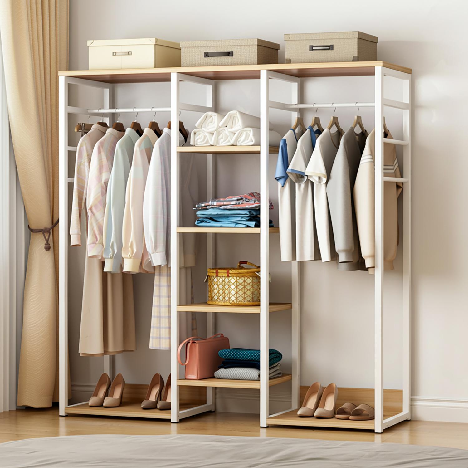 Galaxy Wardrobe Cupboard Shelves & Clothes Hanging Racks (White & Oak)