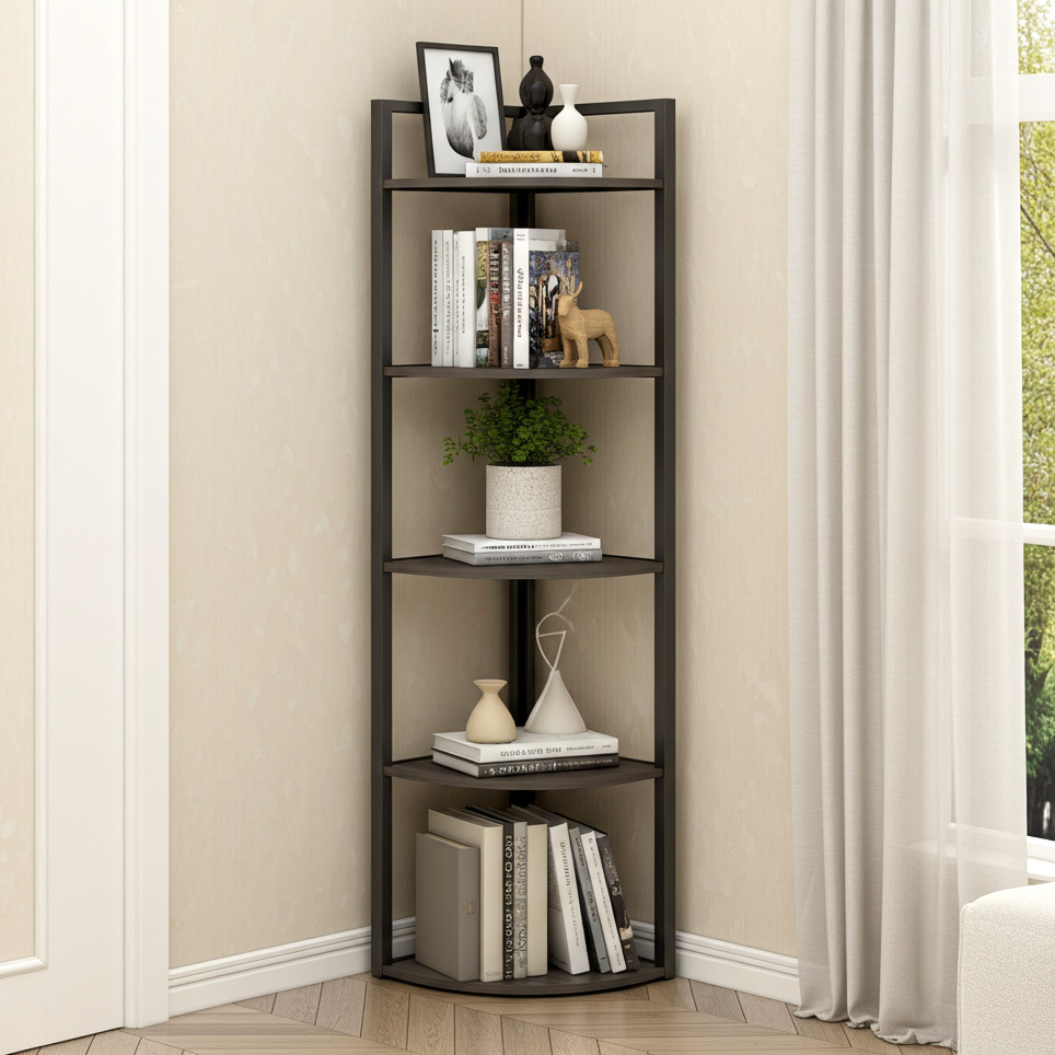 Optima 5 Tier Wood & Steel Corner Shelf Organizer Unit (Driftwood Grey)