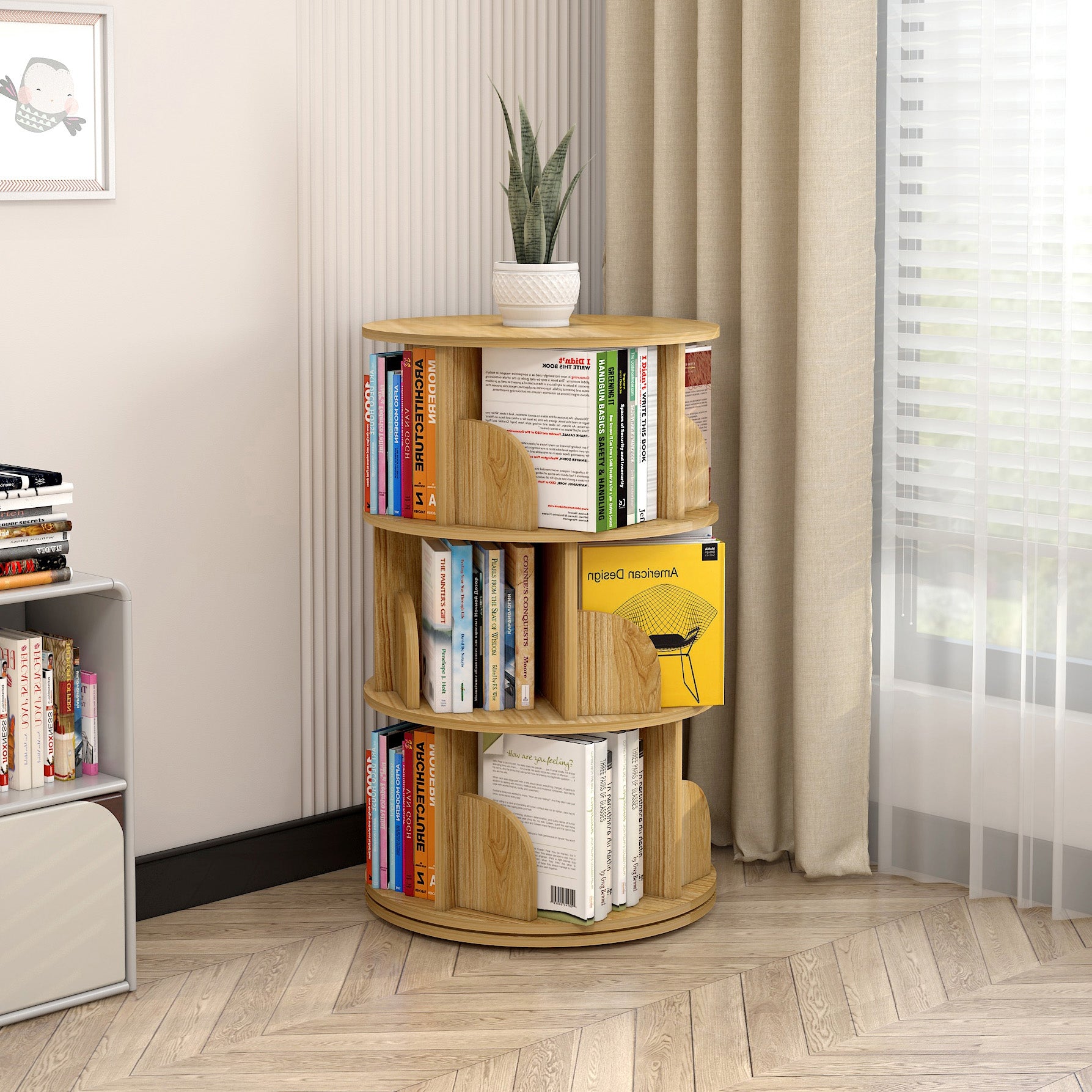 Sanctuary 360-degree Rotating 3 Tier Display Shelf Bookcase Organiser (Oak)