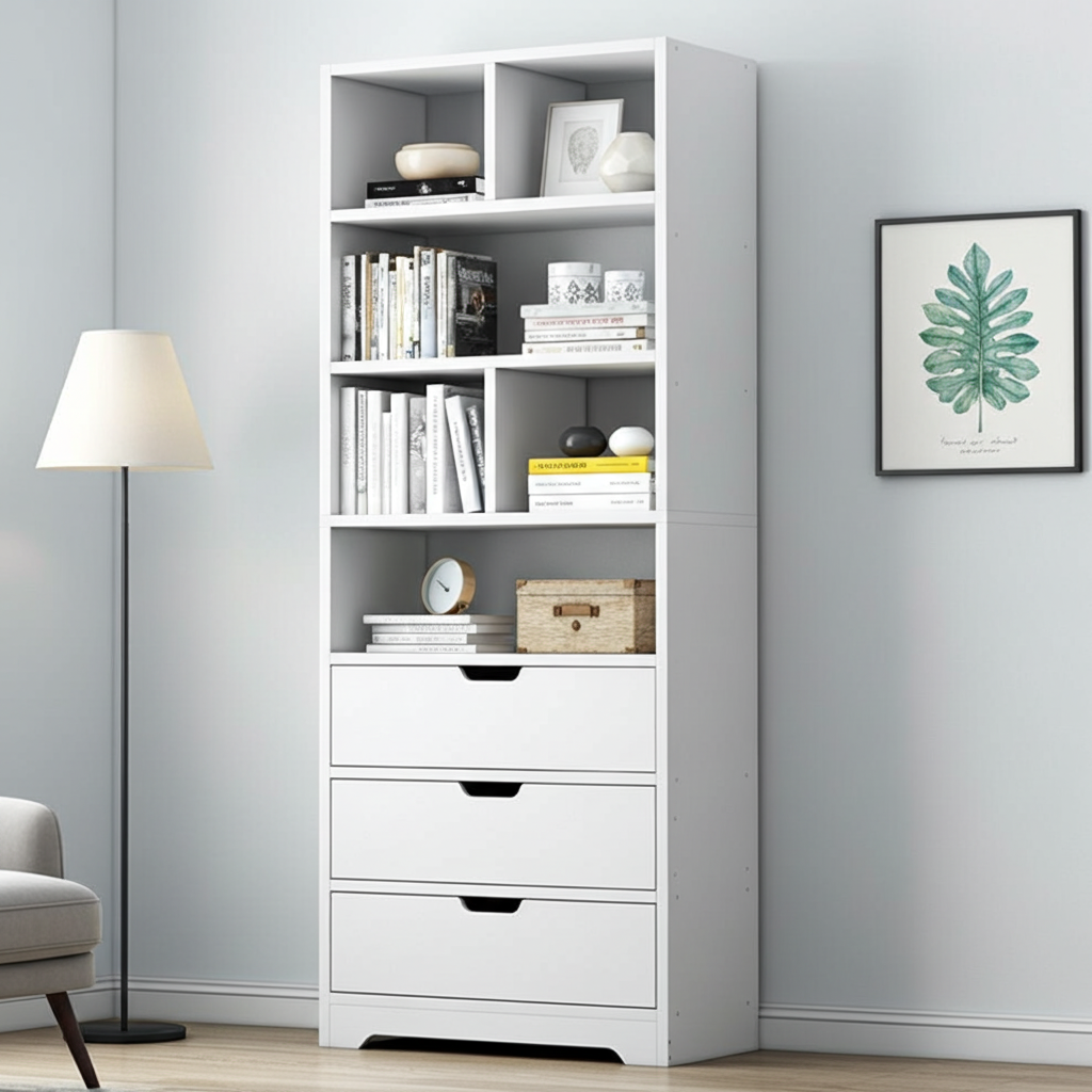 Luna 1.8m Tall Shelf Cupboard Bookshelf Wardrobe with Drawers (White)
