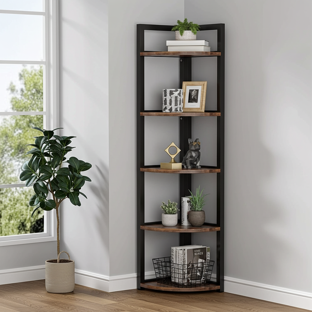 Optima  5 Tier Rustic Wood & Steel Corner Shelf Organizer Unit