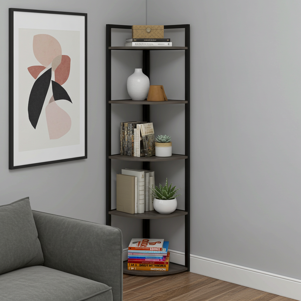 Optima 5 Tier Wood & Steel Corner Shelf Organizer Unit (Driftwood Grey)