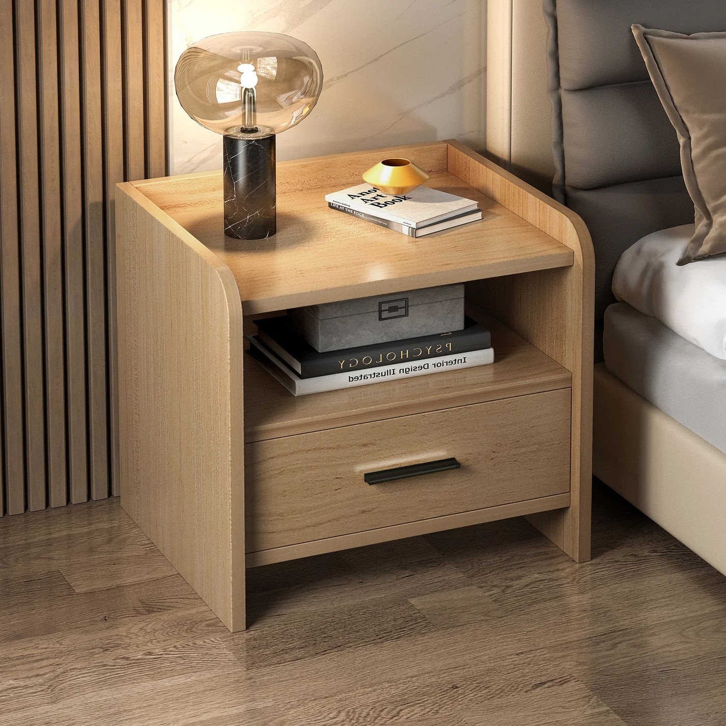 Serene Bedside Table Nightstand with Drawer (Oak)