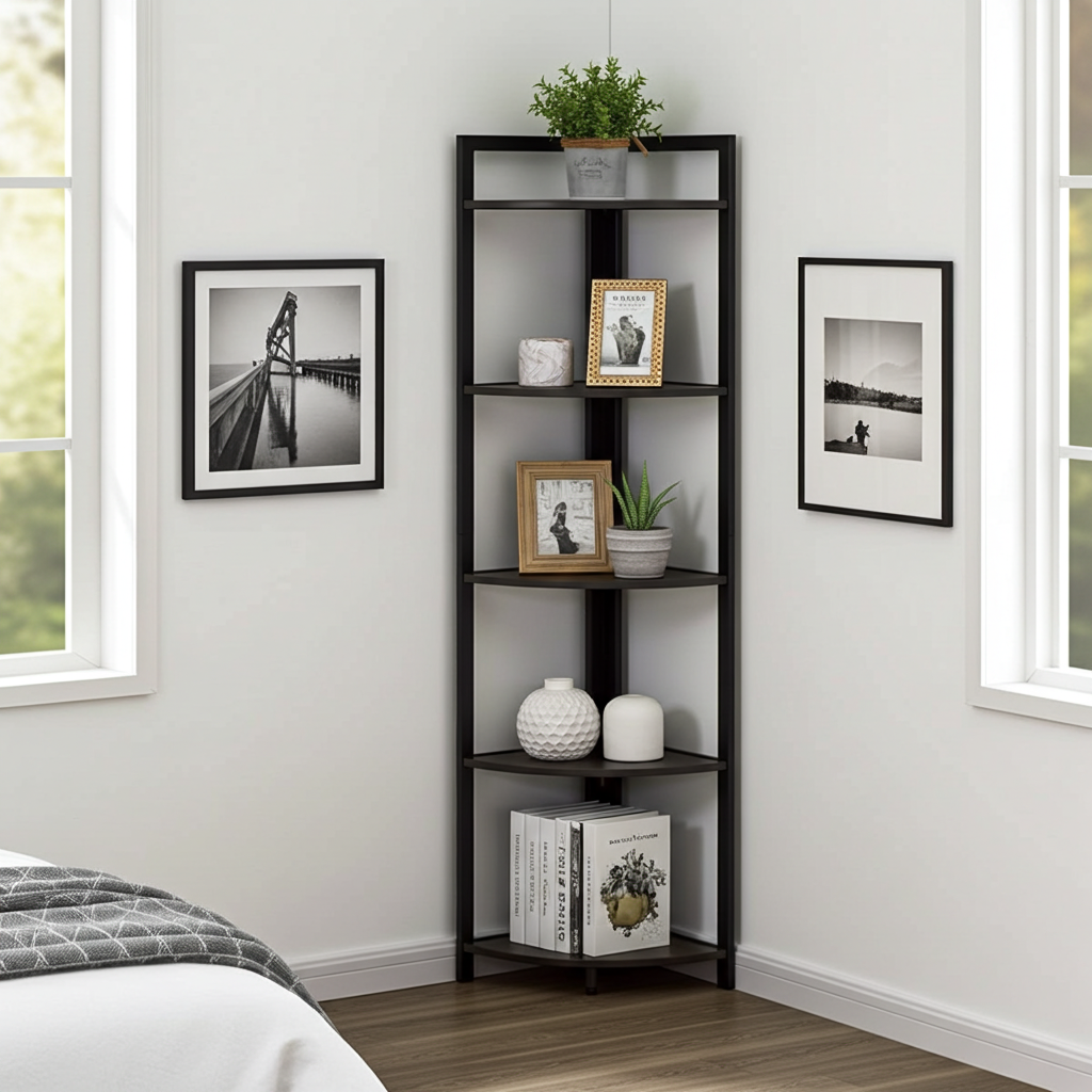 Optima 5 Tier Wood & Steel Corner Shelf Organizer Unit (Black)