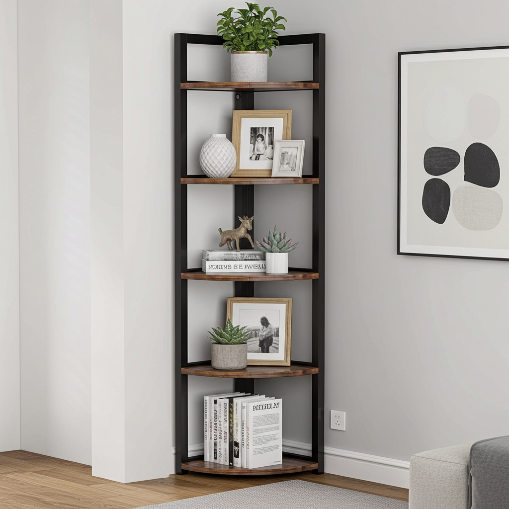 Optima  5 Tier Rustic Wood & Steel Corner Shelf Organizer Unit
